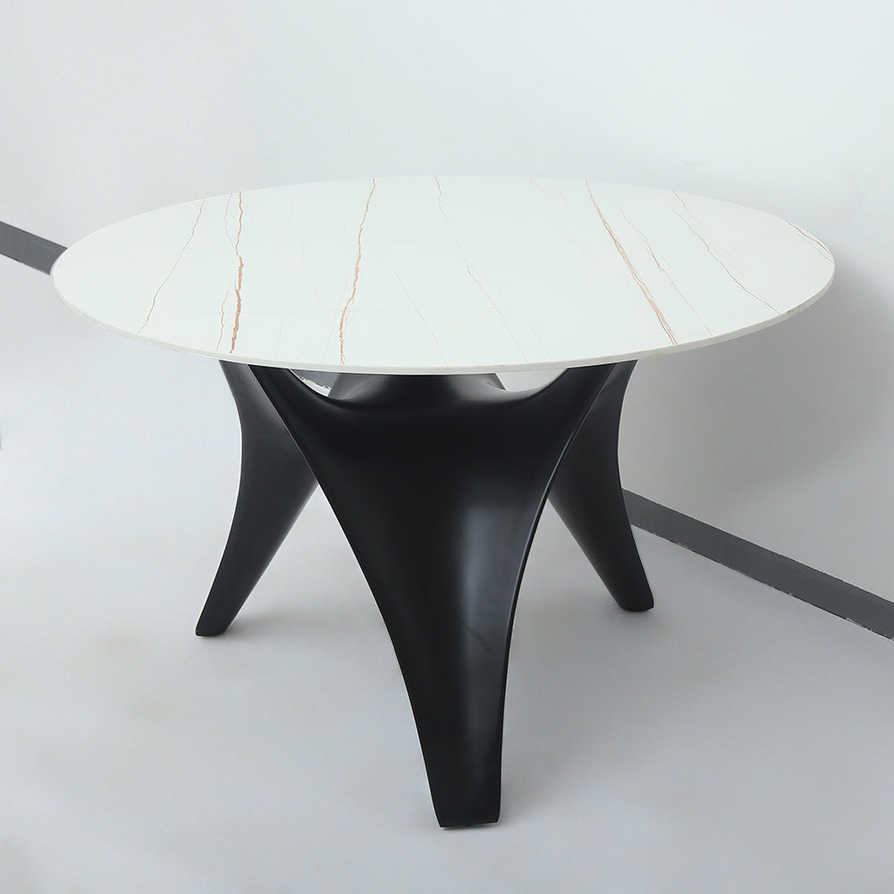 47.2" Round White Faux Marble Dining Table Black Base