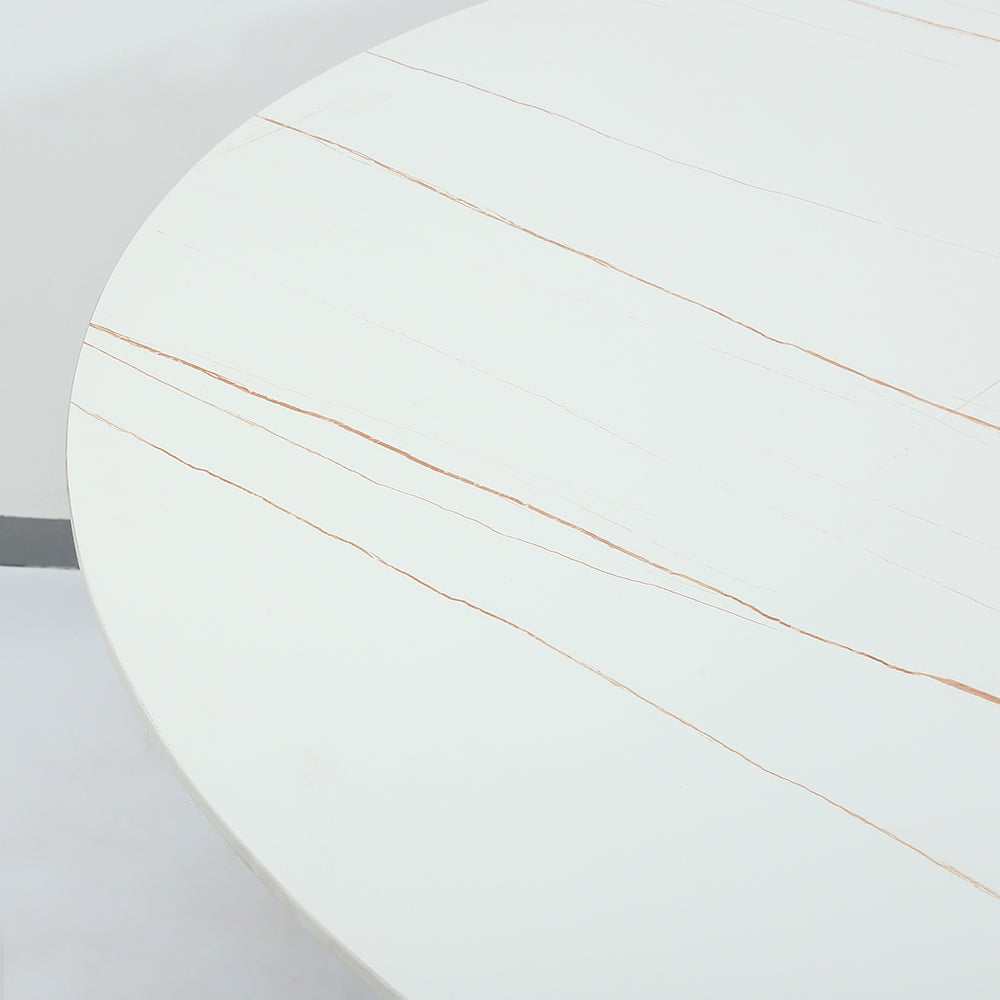 47.2" Round White Faux Marble Dining Table Black Base