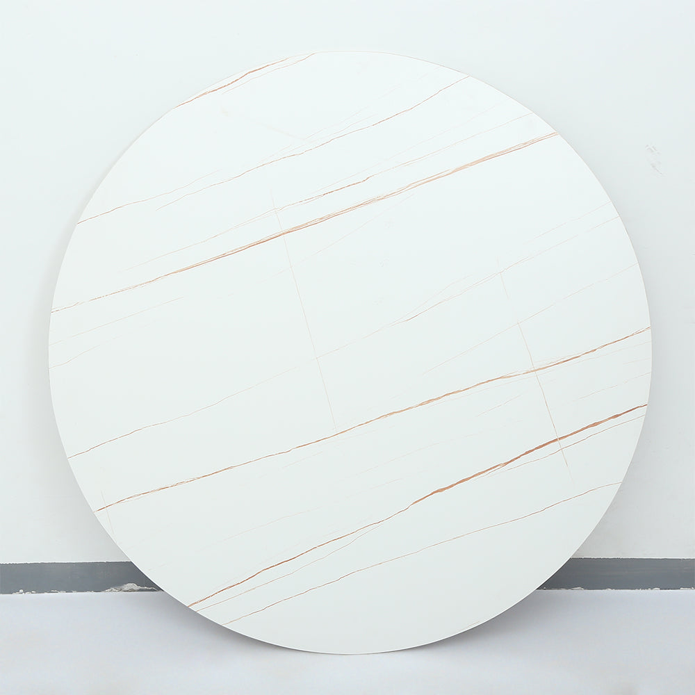 47.2" Round White Faux Marble Dining Table Black Base