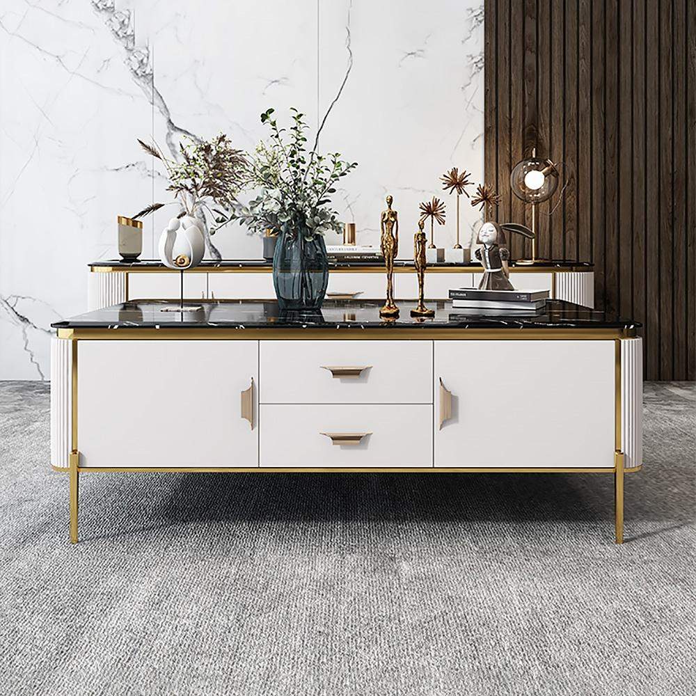 51" Rectangular Black Faux Marble Top Coffee Table with Storage  Drawers & Doors Gold Pull-Richsoul-Coffee Tables,Furniture,Living Room Furniture
