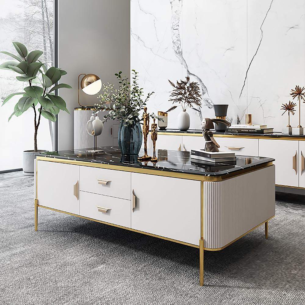 51" Rectangular Black Faux Marble Top Coffee Table with Storage  Drawers & Doors Gold Pull-Richsoul-Coffee Tables,Furniture,Living Room Furniture