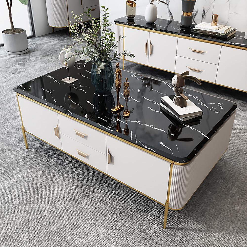 51" Rectangular Black Faux Marble Top Coffee Table with Storage  Drawers & Doors Gold Pull-Richsoul-Coffee Tables,Furniture,Living Room Furniture