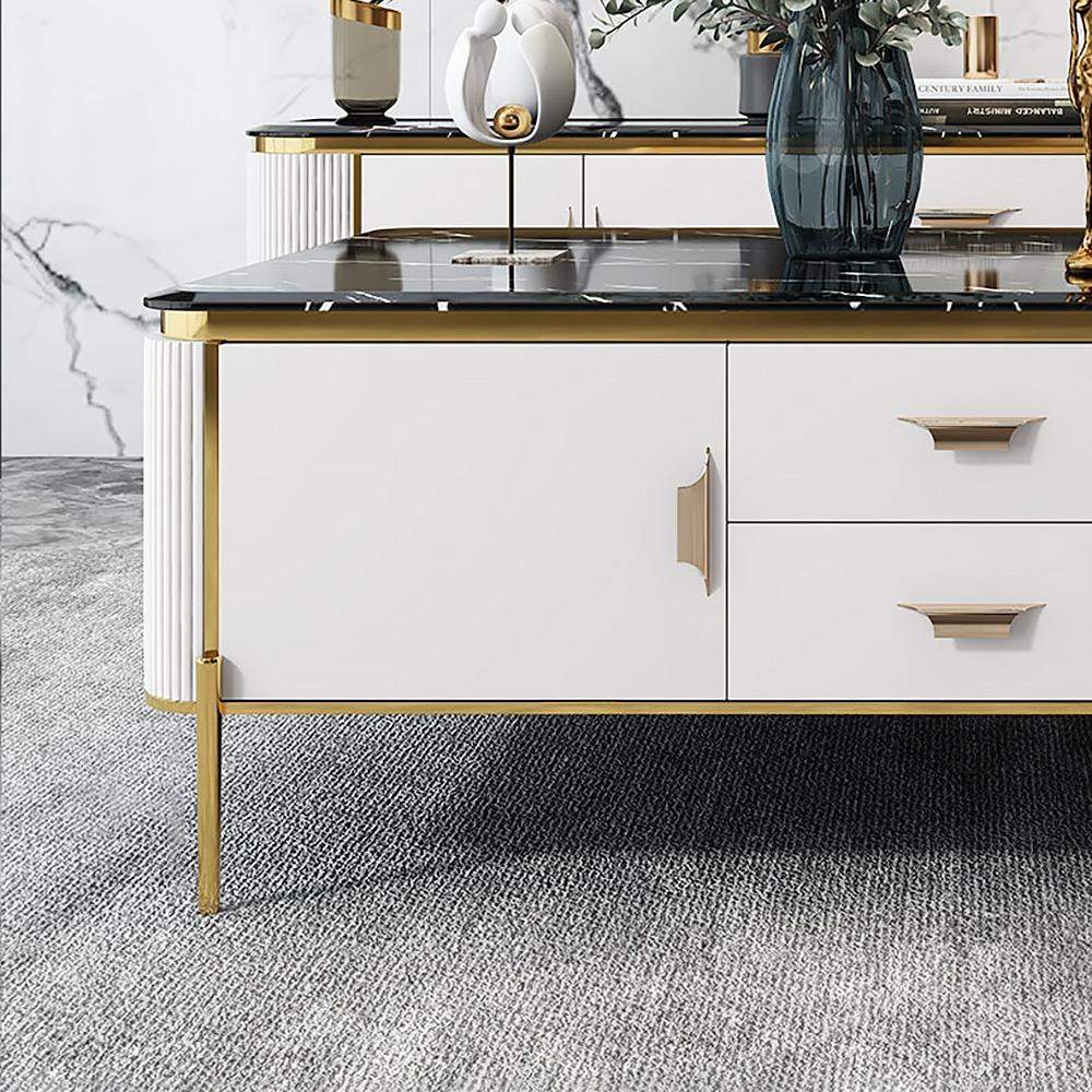 51" Rectangular Black Faux Marble Top Coffee Table with Storage  Drawers & Doors Gold Pull-Richsoul-Coffee Tables,Furniture,Living Room Furniture