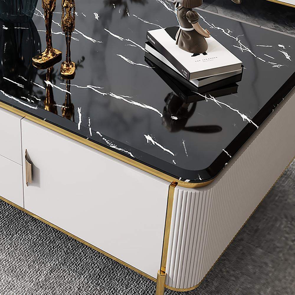 51" Rectangular Black Faux Marble Top Coffee Table with Storage  Drawers & Doors Gold Pull-Richsoul-Coffee Tables,Furniture,Living Room Furniture