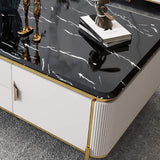51" Rectangular Black Faux Marble Top Coffee Table with Storage  Drawers & Doors Gold Pull-Richsoul-Coffee Tables,Furniture,Living Room Furniture