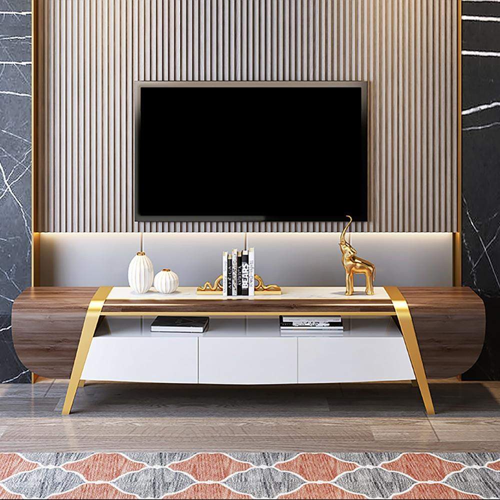 86.6" TV Stand with Storage White Faux Marble Top 3 Drawers Media Console for TVs-Richsoul-Furniture,Living Room Furniture,TV Stands