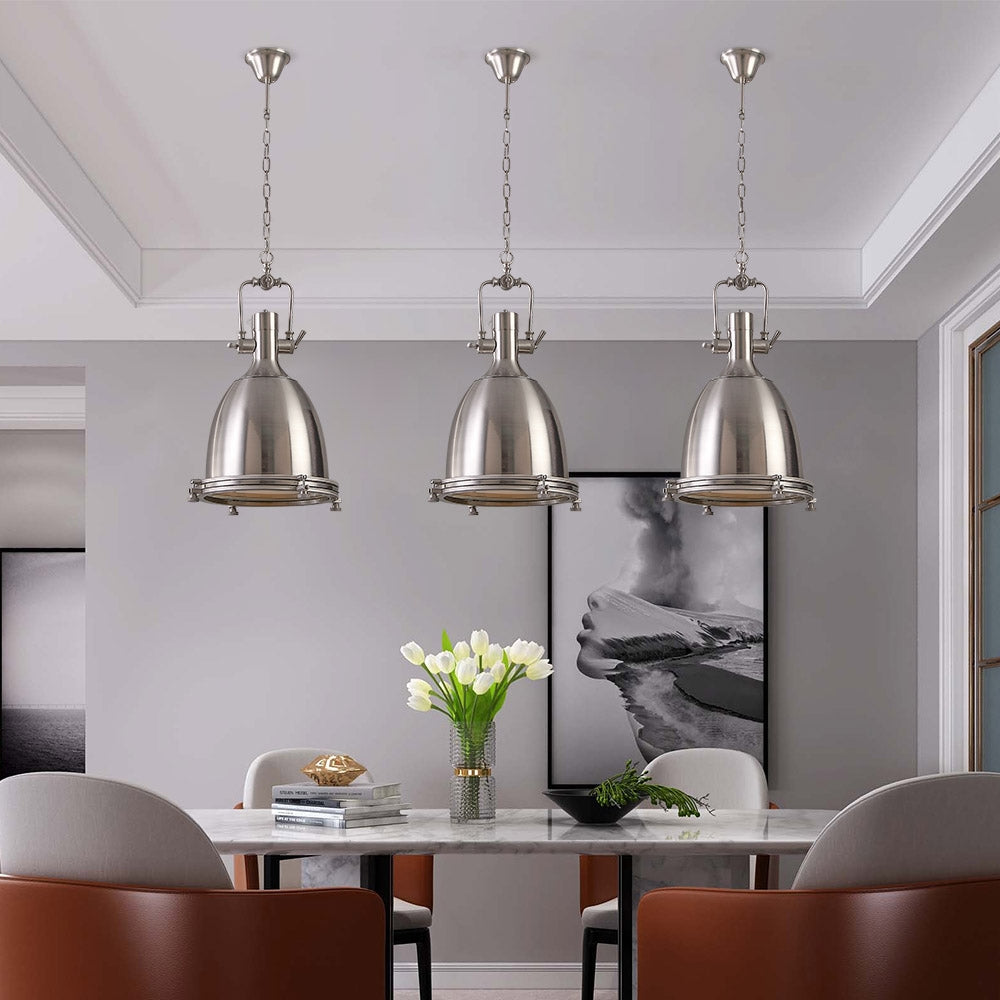 Prim Industrial 1-Light Dome Shade Pendant Light with Frosted Glass Diffuser Satin Nickel