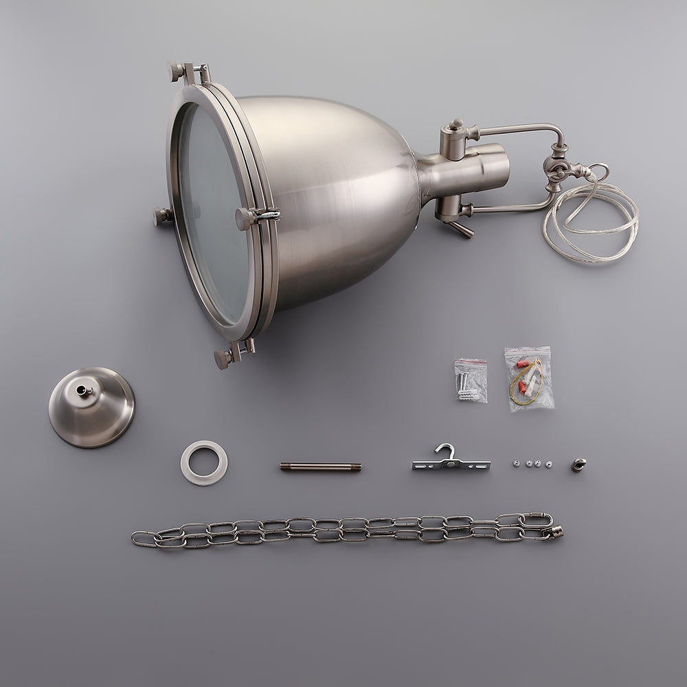 Prim Industrial 1-Light Dome Shade Pendant Light with Frosted Glass Diffuser Satin Nickel