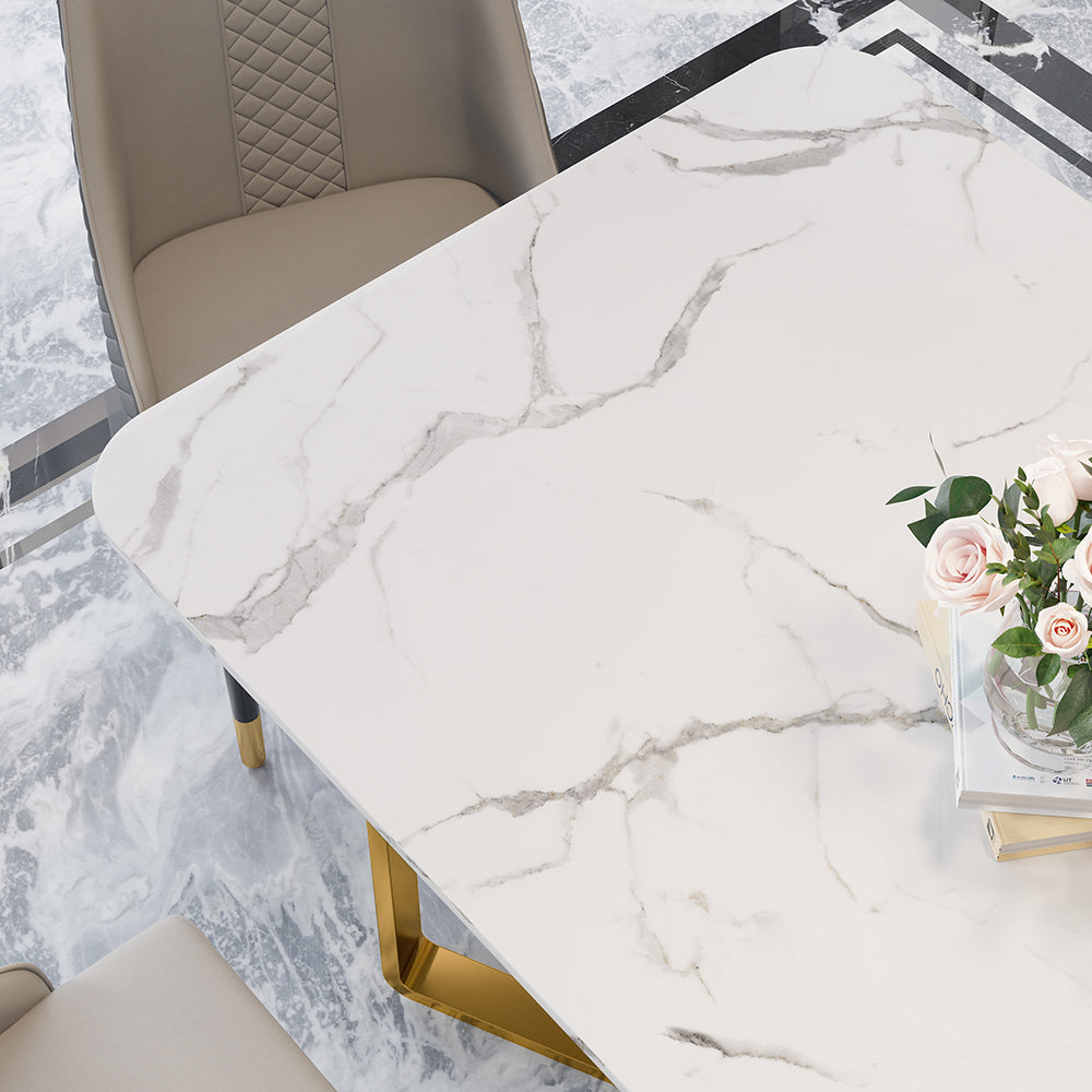 Modern Rectangle 63" Faux Marble Dining Table Gold Base Stainless Steel