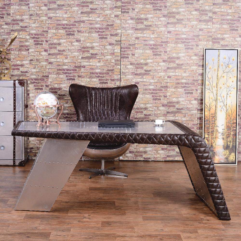 76" Aviator Desk with Storage Aluminum and Leather Office Desk-Desks,Furniture,Office Furniture