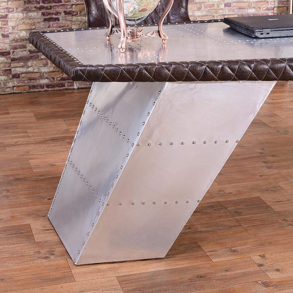 76" Aviator Desk with Storage Aluminum and Leather Office Desk-Desks,Furniture,Office Furniture
