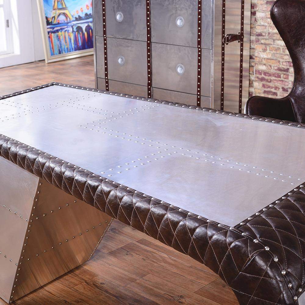 76" Aviator Desk with Storage Aluminum and Leather Office Desk-Desks,Furniture,Office Furniture