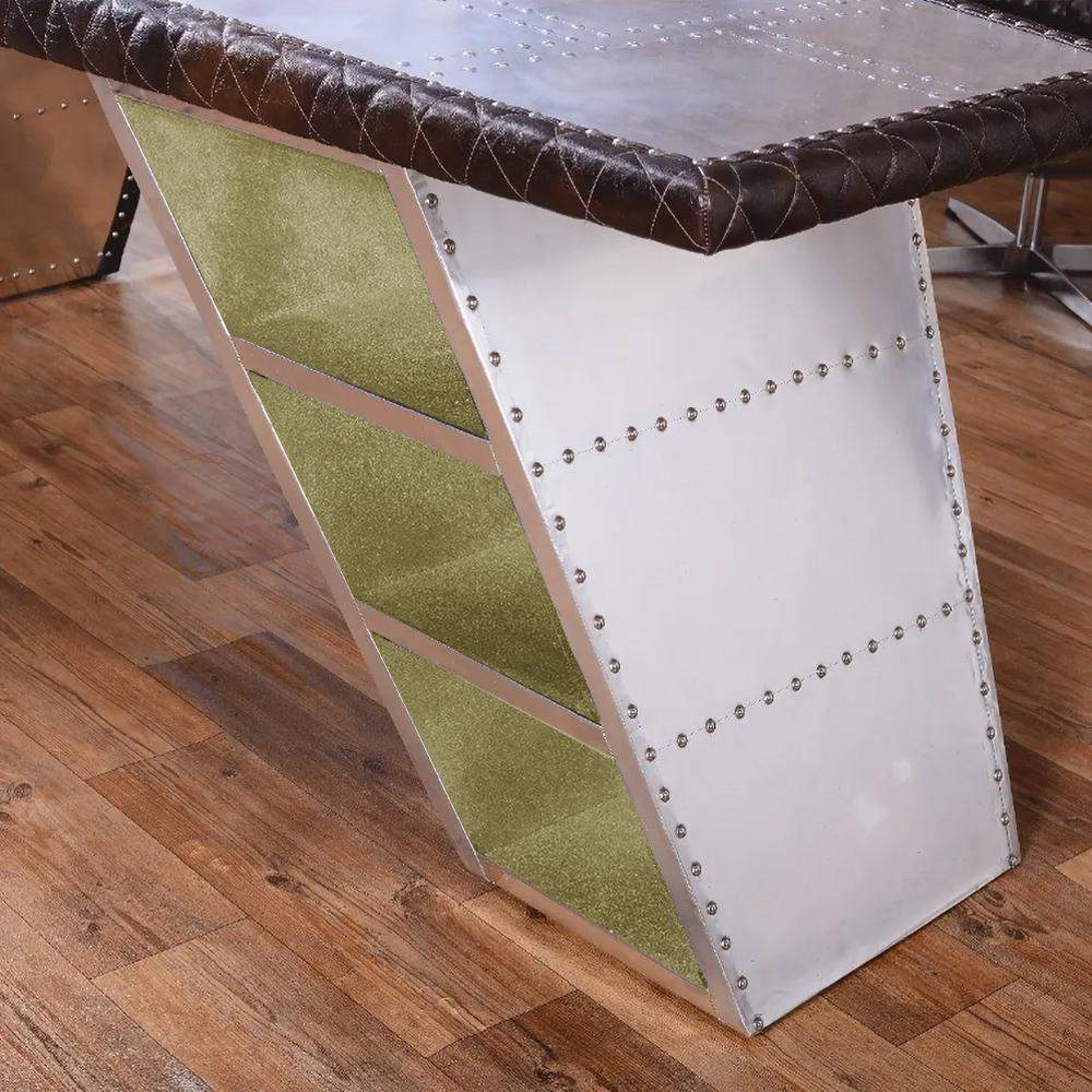 76" Aviator Desk with Storage Aluminum and Leather Office Desk-Desks,Furniture,Office Furniture