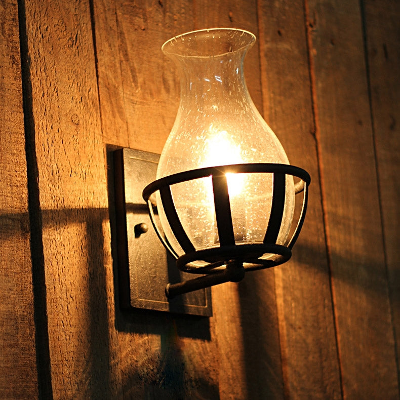 Rustic Glass Single Candelabra Wall Lamp with Metal Backplate