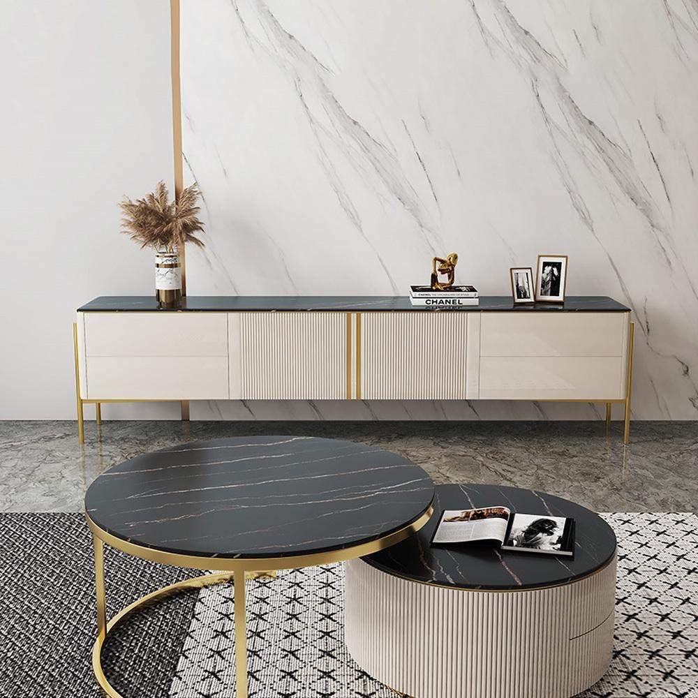 Modern Champagne TV Stand with Doors&Drawers Stone Top Media Console-Furniture,Living Room Furniture,TV Stands