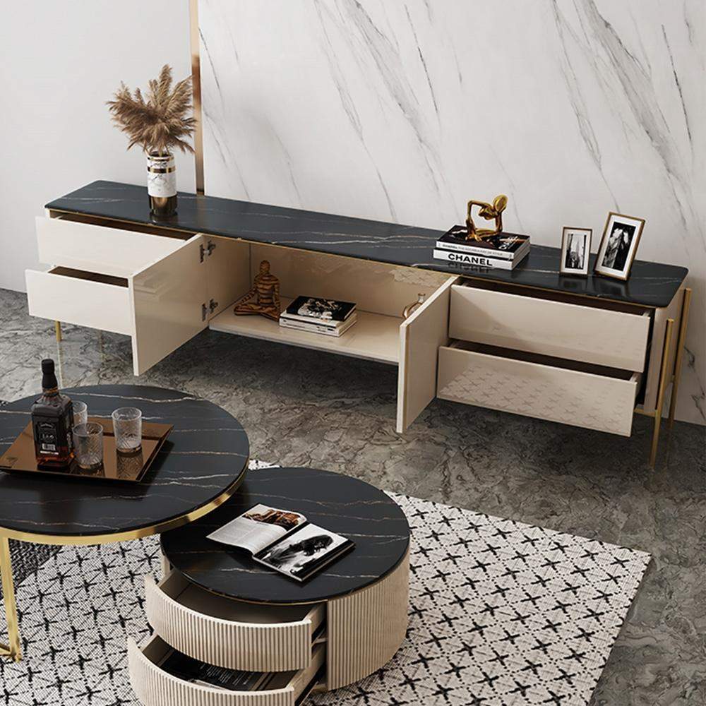 Modern Champagne TV Stand with Doors&Drawers Stone Top Media Console-Furniture,Living Room Furniture,TV Stands
