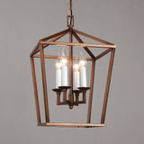 Vintage Geometric Cage Frame 4 Candle Light Kitchen Foyer Suspended Pendant Light in Rust