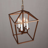Vintage Geometric Cage Frame 4 Candle Light Kitchen Foyer Suspended Pendant Light in Rust