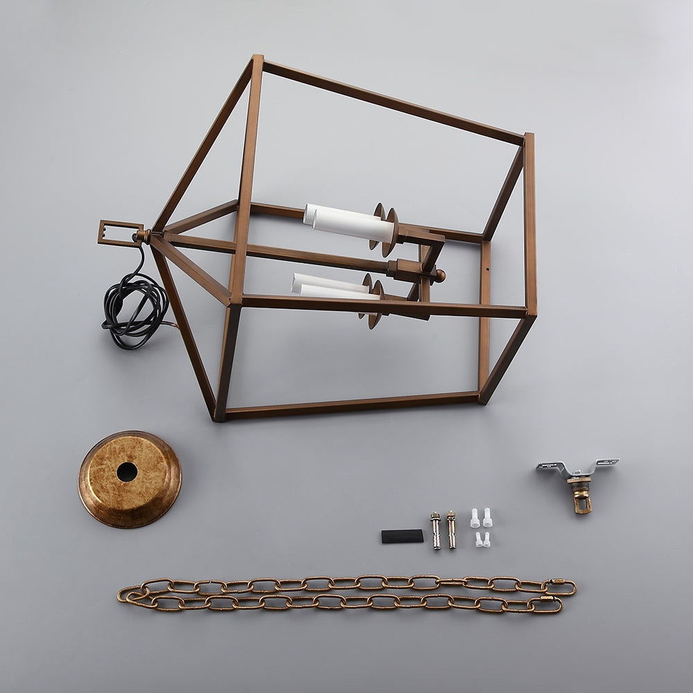 Vintage Geometric Cage Frame 4 Candle Light Kitchen Foyer Suspended Pendant Light in Rust