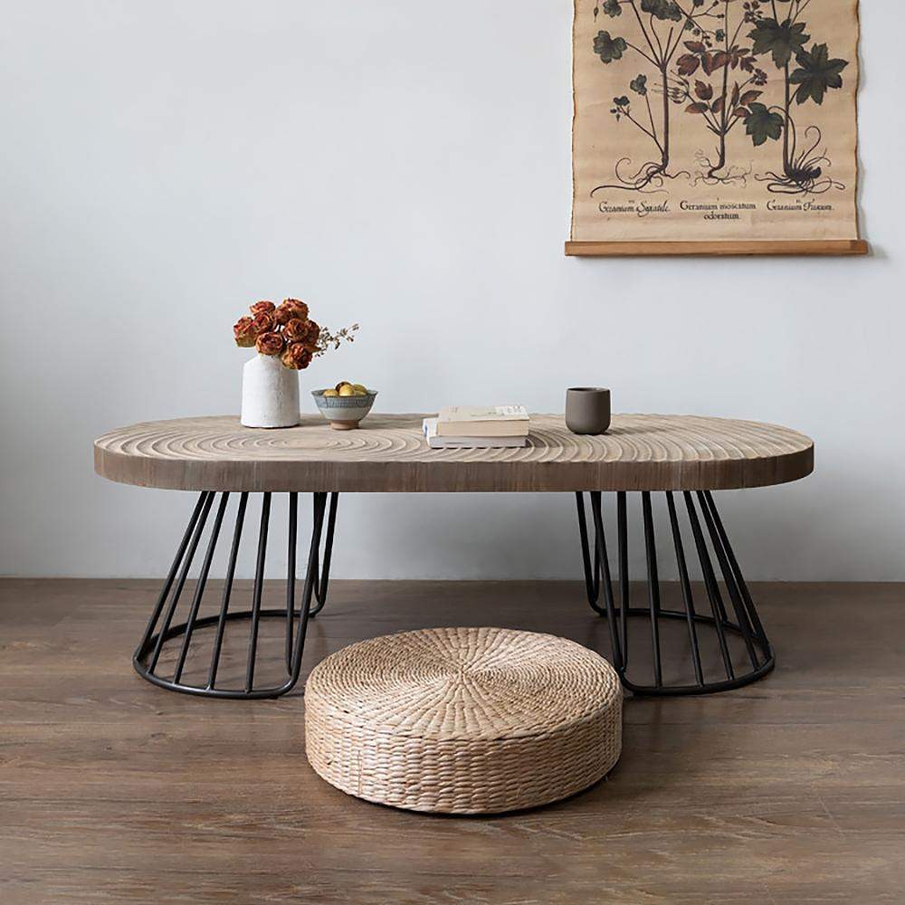 47.2" Vintage Oval Coffee Table Solid Wood Table Top Growth Rings Metal Base-Coffee Tables,Furniture,Living Room Furniture