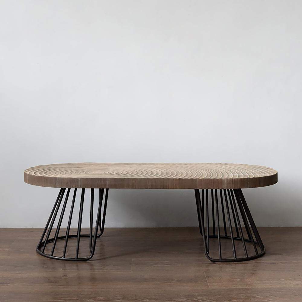 47.2" Vintage Oval Coffee Table Solid Wood Table Top Growth Rings Metal Base-Coffee Tables,Furniture,Living Room Furniture