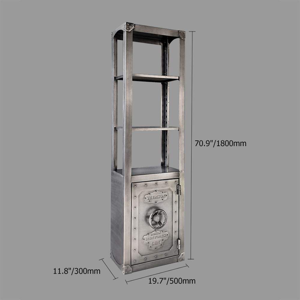 Brushed Silver Bookshelf with Door Industrial Metal Bookcase 3 Shelves Display Shelf-Bookcases & Bookshelves,Furniture,Office Furniture