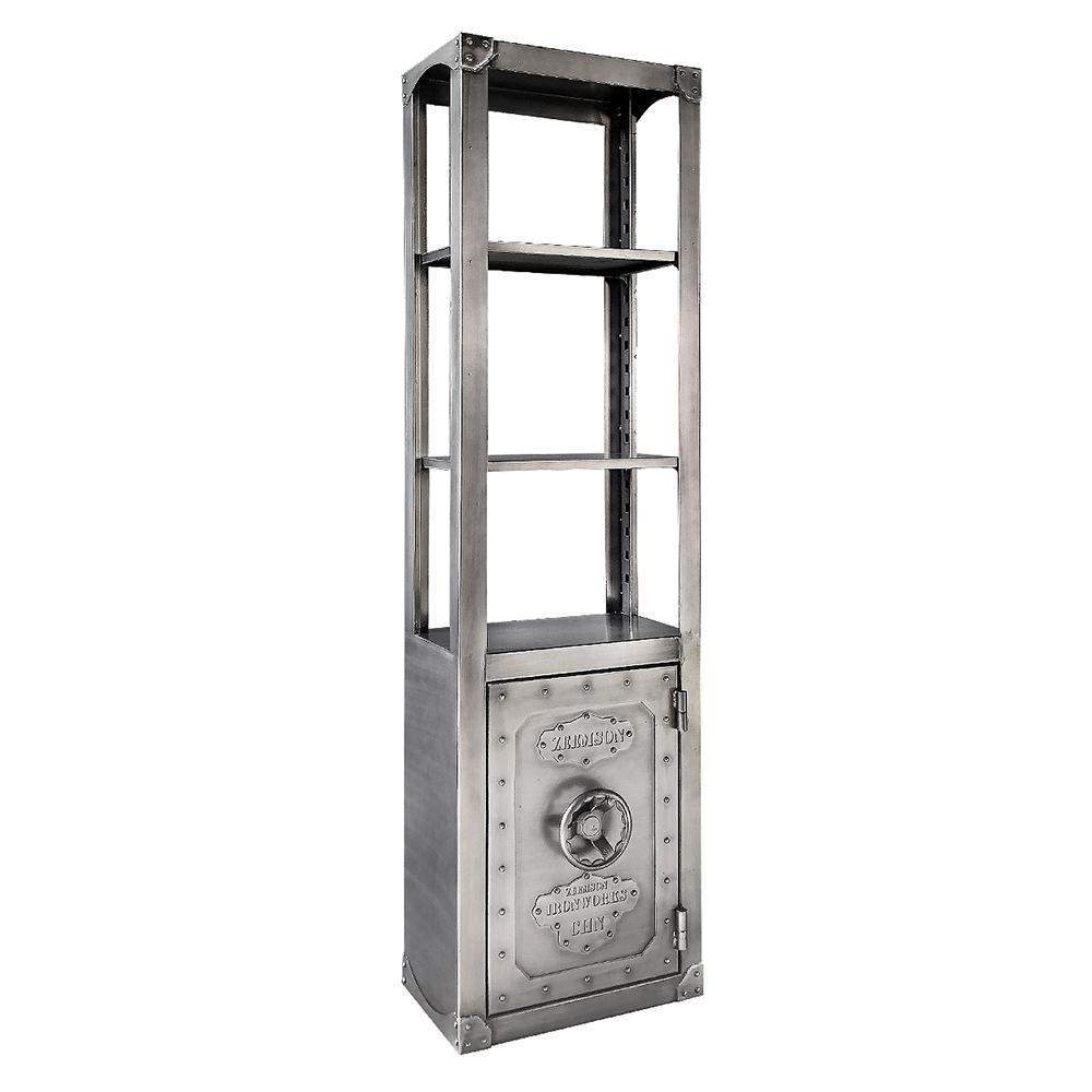 Brushed Silver Bookshelf with Door Industrial Metal Bookcase 3 Shelves Display Shelf-Bookcases & Bookshelves,Furniture,Office Furniture