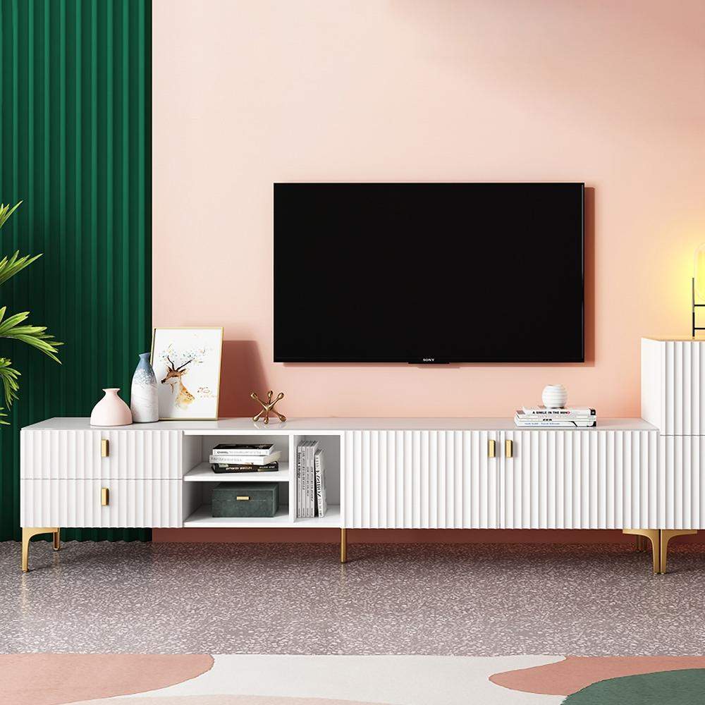 White Wood TV Stand in Gold for TVs up to 75" Modern Mid-Century with 3 Shelves, 2 Drawers, 2 Door-Richsoul-Furniture,Living Room Furniture,TV Stands
