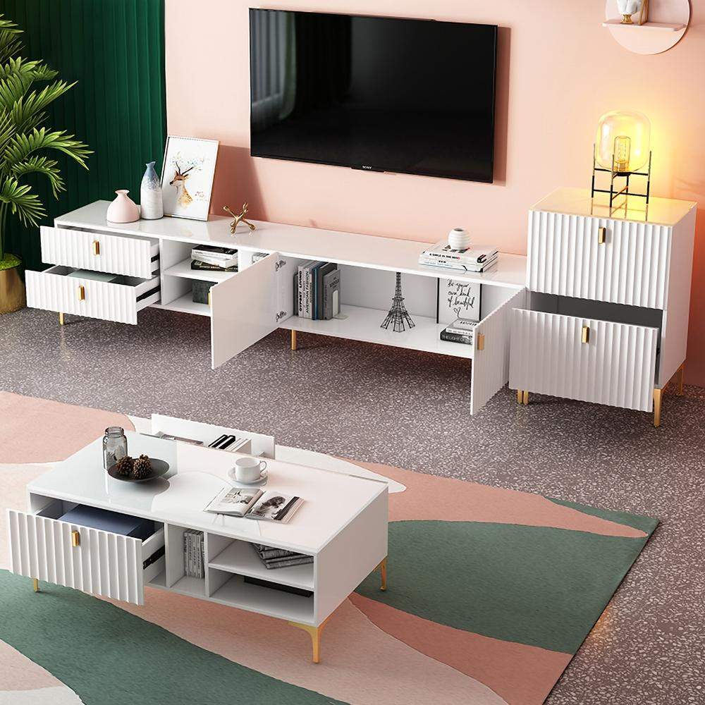 White Wood TV Stand in Gold for TVs up to 75" Modern Mid-Century with 3 Shelves, 2 Drawers, 2 Door-Richsoul-Furniture,Living Room Furniture,TV Stands