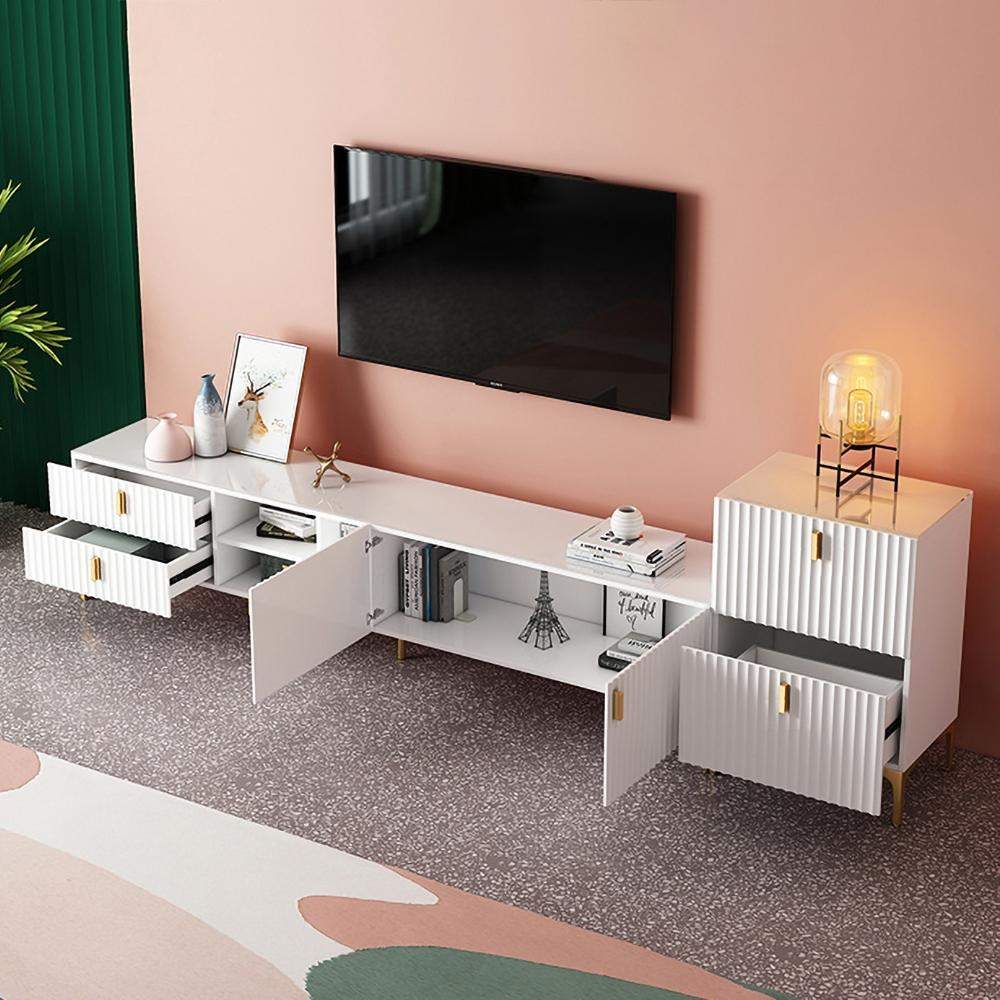 White Wood TV Stand in Gold for TVs up to 75" Modern Mid-Century with 3 Shelves, 2 Drawers, 2 Door-Richsoul-Furniture,Living Room Furniture,TV Stands
