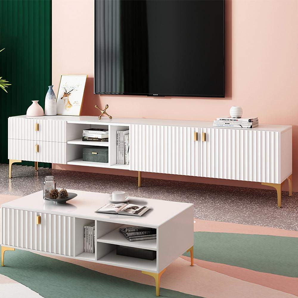 White Wood TV Stand in Gold for TVs up to 75" Modern Mid-Century with 3 Shelves, 2 Drawers, 2 Door-Richsoul-Furniture,Living Room Furniture,TV Stands