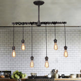 Industrial 6-Light Plumbing Pipe Hanging Exposed Bulb Metal Pendant Light in Brushed Black