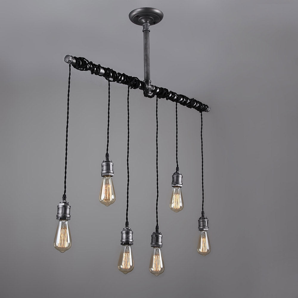 Industrial 6-Light Plumbing Pipe Hanging Exposed Bulb Metal Pendant Light in Brushed Black