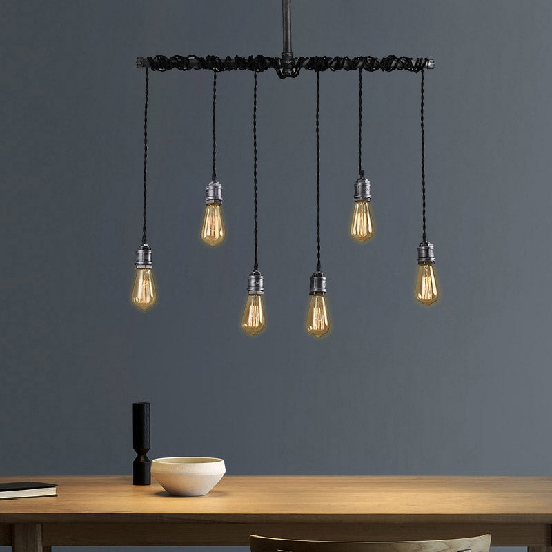 Industrial 6-Light Plumbing Pipe Hanging Exposed Bulb Metal Pendant Light in Brushed Black