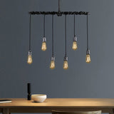 Industrial 6-Light Plumbing Pipe Hanging Exposed Bulb Metal Pendant Light in Brushed Black