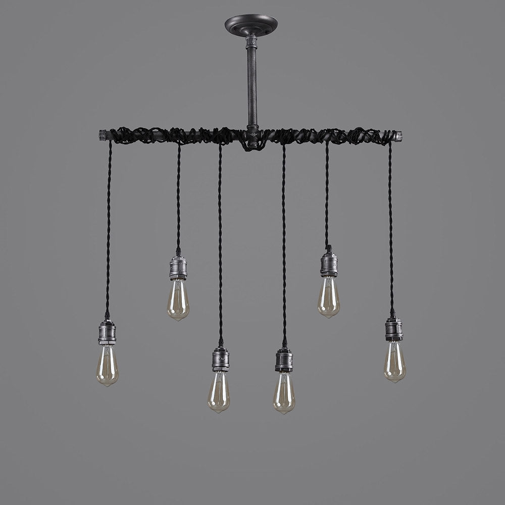 Industrial 6-Light Plumbing Pipe Hanging Exposed Bulb Metal Pendant Light in Brushed Black