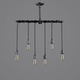 Industrial 6-Light Plumbing Pipe Hanging Exposed Bulb Metal Pendant Light in Brushed Black