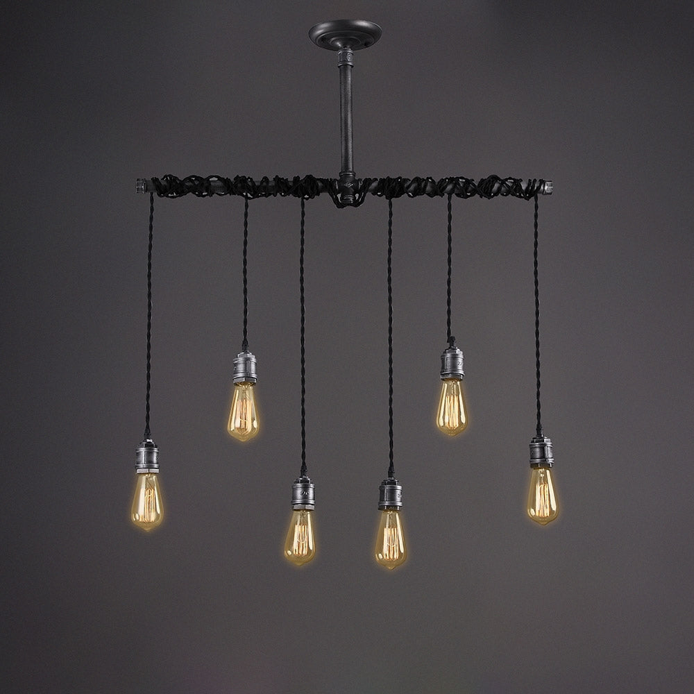 Industrial 6-Light Plumbing Pipe Hanging Exposed Bulb Metal Pendant Light in Brushed Black