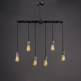 Industrial 6-Light Plumbing Pipe Hanging Exposed Bulb Metal Pendant Light in Brushed Black