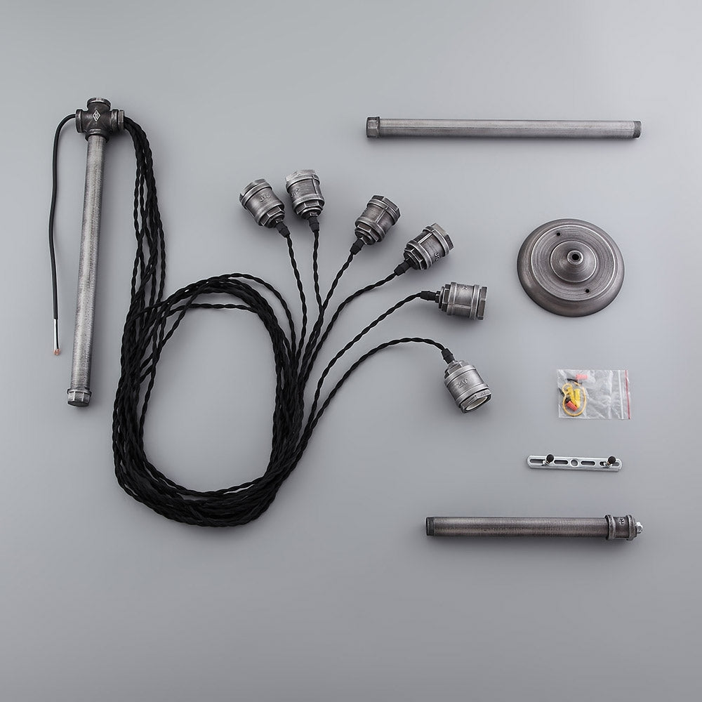 Industrial 6-Light Plumbing Pipe Hanging Exposed Bulb Metal Pendant Light in Brushed Black