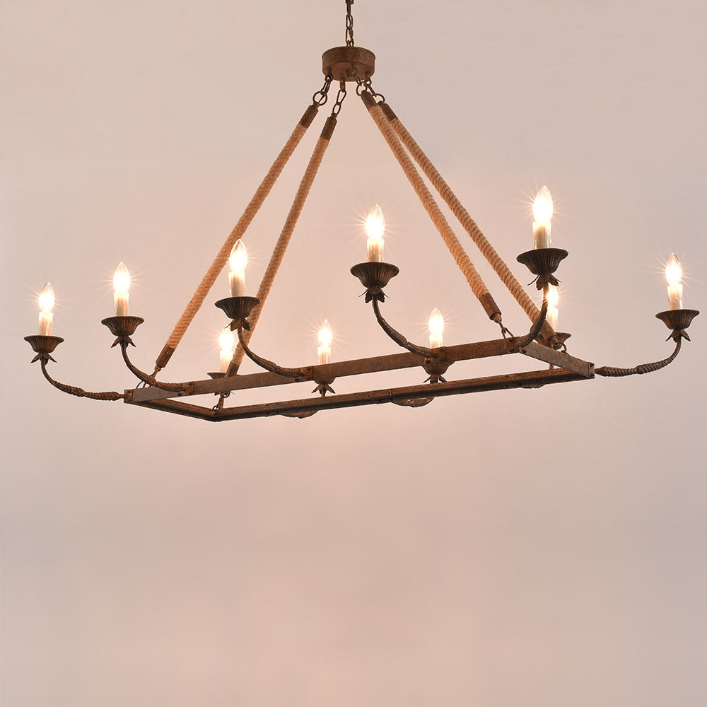 Bever Vintage 10-Light Rectangular Chandelier 48" Linear Chandelier Hemp Rope Island Lighting Rust
