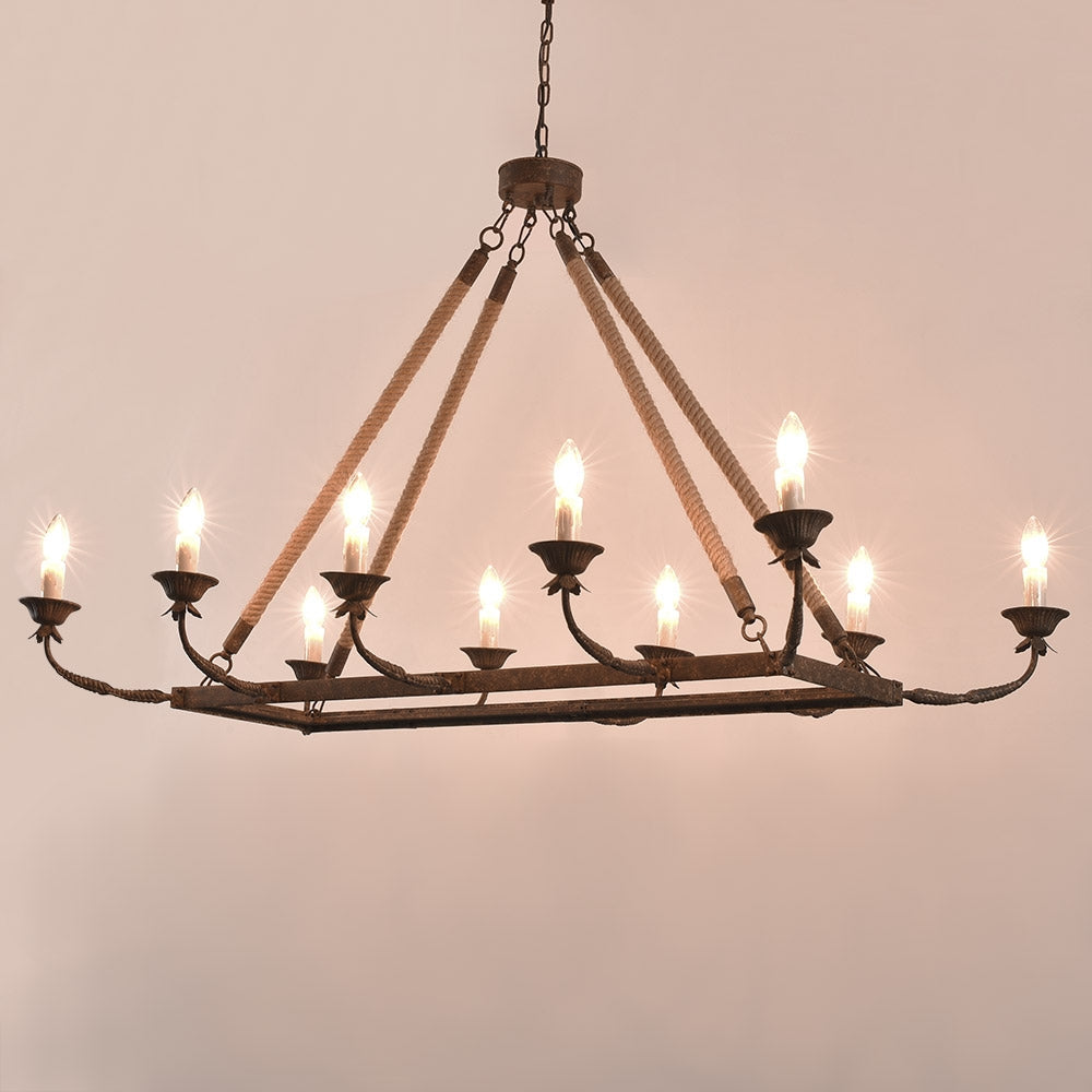 Bever Vintage 10-Light Rectangular Chandelier 48" Linear Chandelier Hemp Rope Island Lighting Rust