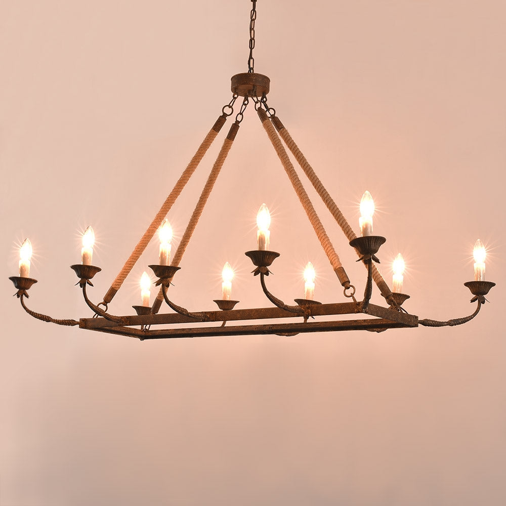 Bever Vintage 10-Light Rectangular Chandelier 48" Linear Chandelier Hemp Rope Island Lighting Rust