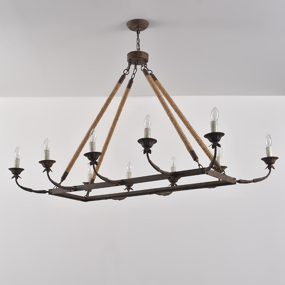 Bever Vintage 10-Light Rectangular Chandelier 48" Linear Chandelier Hemp Rope Island Lighting Rust