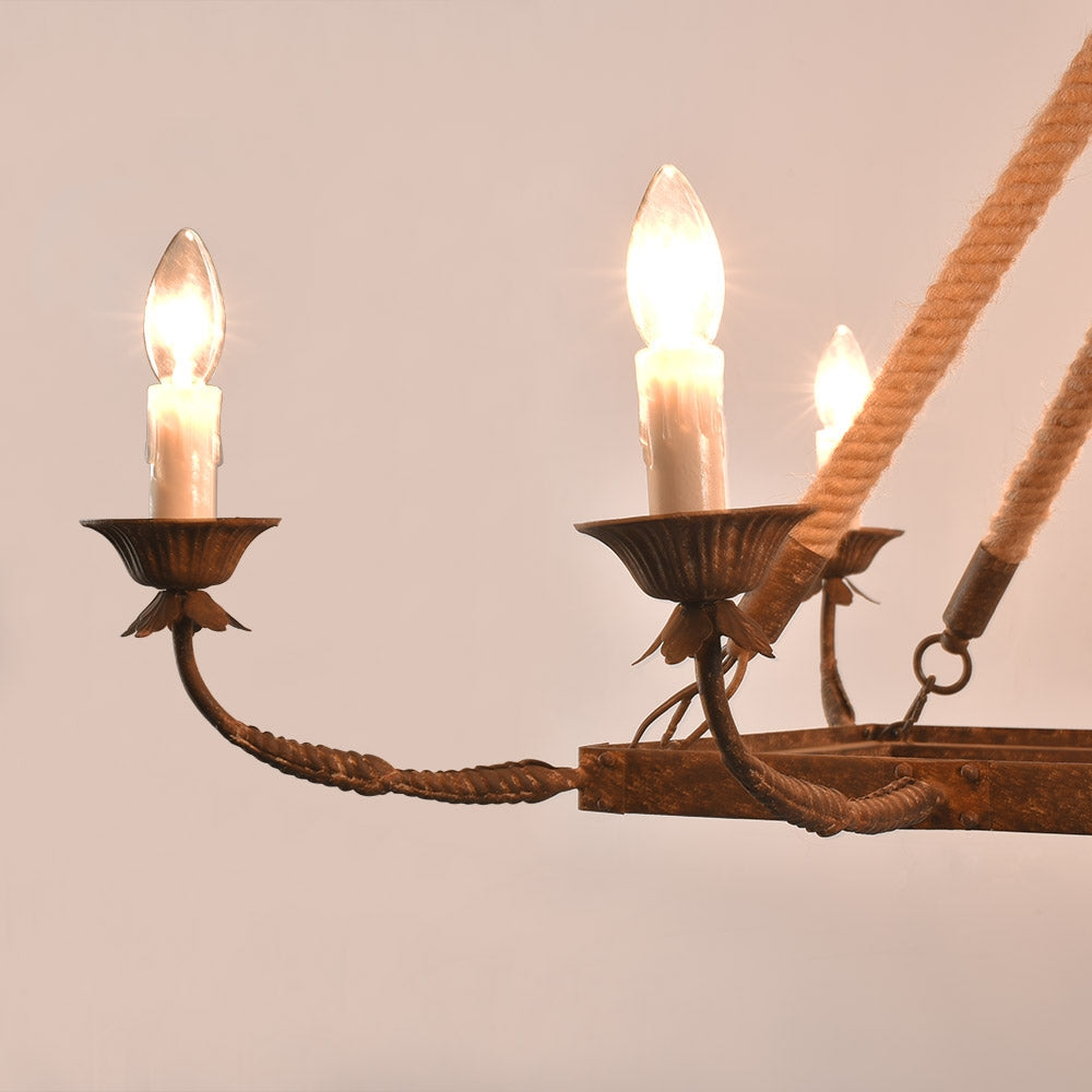 Bever Vintage 10-Light Rectangular Chandelier 48" Linear Chandelier Hemp Rope Island Lighting Rust