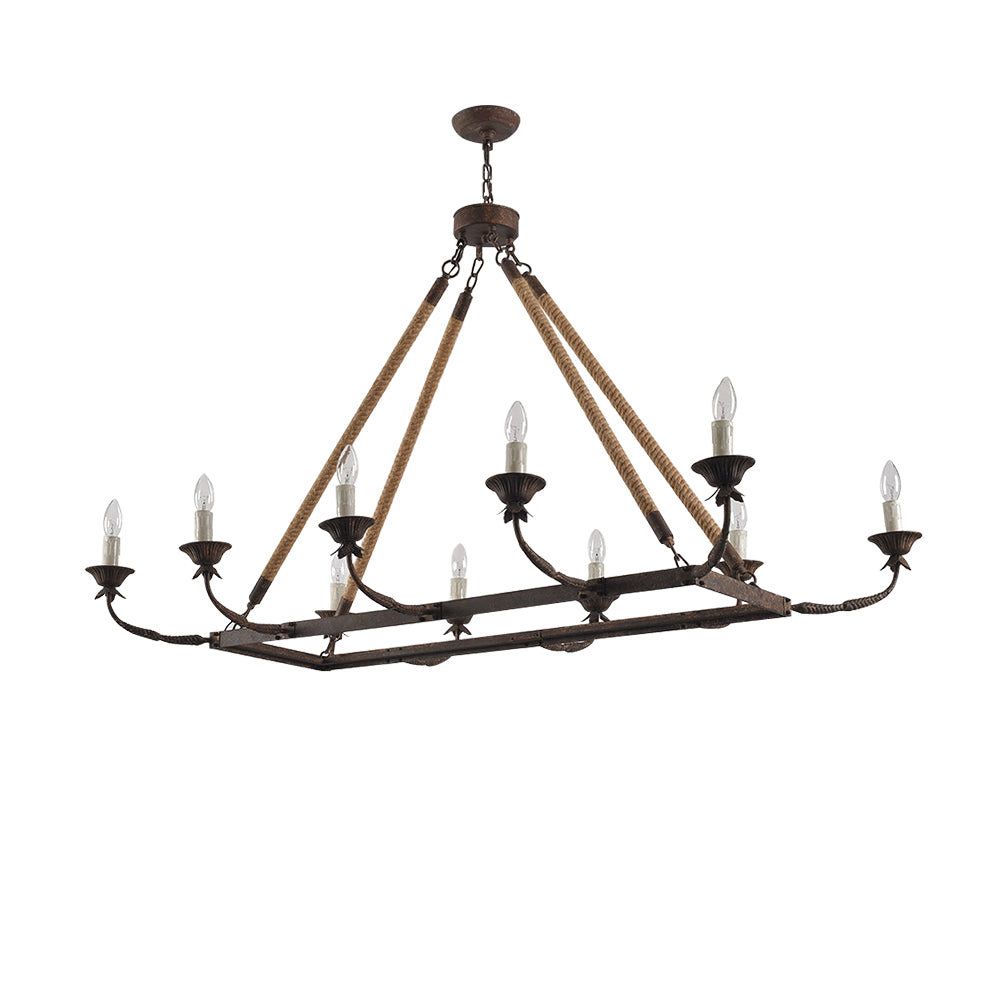 Bever Vintage 10-Light Rectangular Chandelier 48" Linear Chandelier Hemp Rope Island Lighting Rust