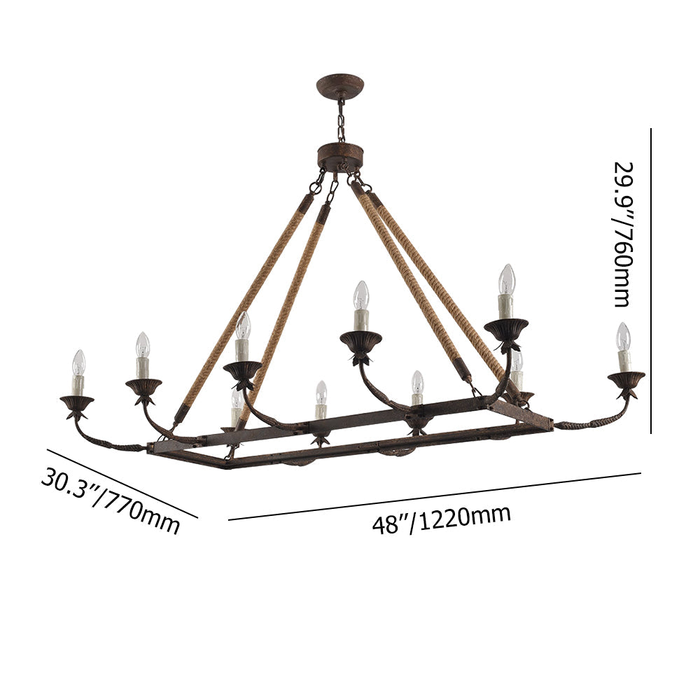 Bever Vintage 10-Light Rectangular Chandelier 48" Linear Chandelier Hemp Rope Island Lighting Rust