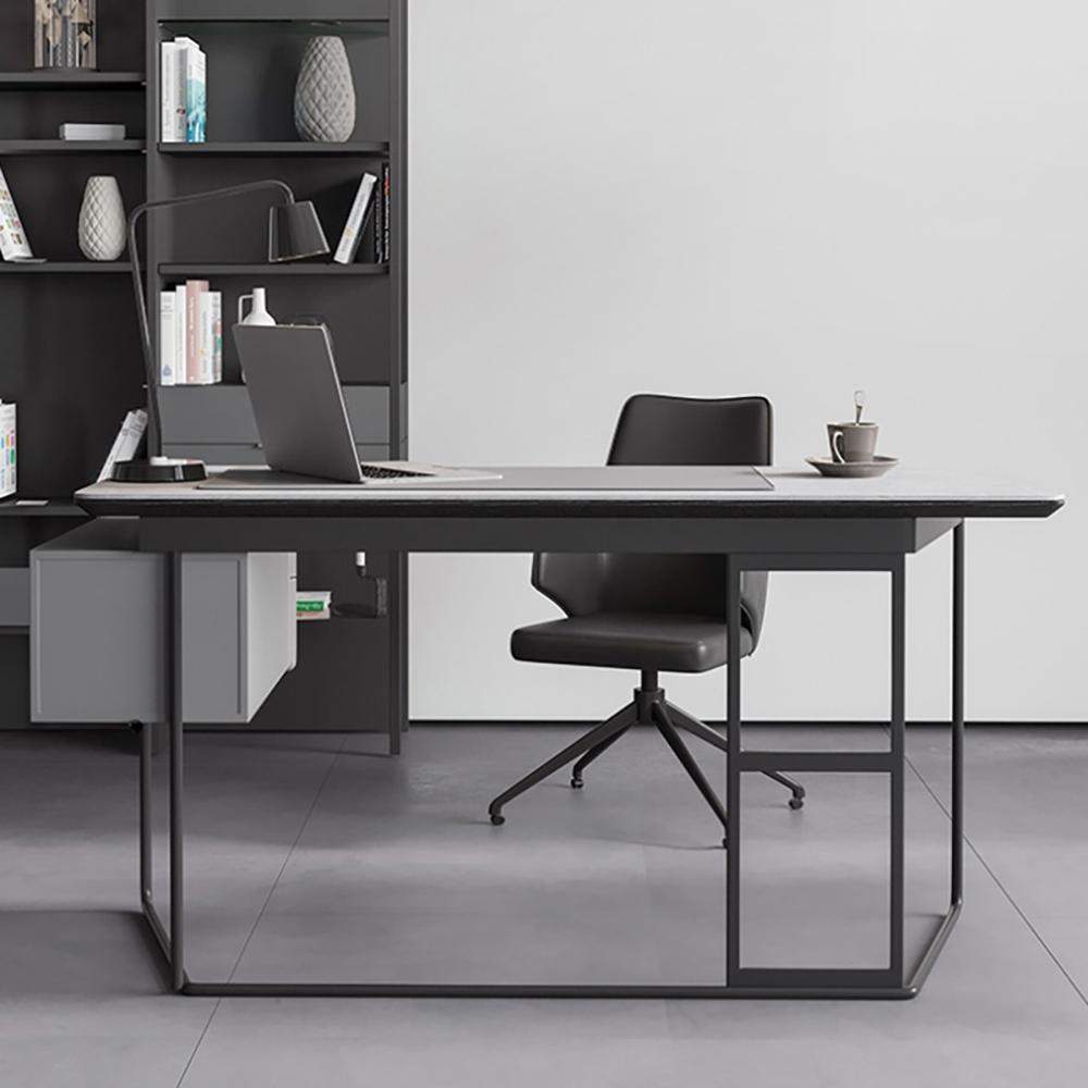 Modern White Computer Desk with Drawers Stone Top & Metal Base-Desks,Furniture,Office Furniture