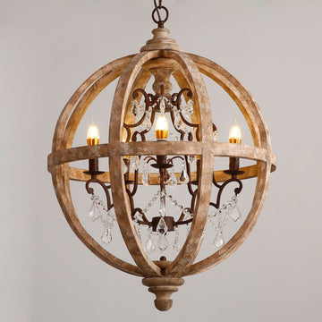 Retro Rustic Weathered Wooden Globe Caged Rust Metal Scroll Crystal 5-Light Chandelier Lighting