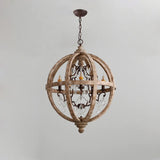 Retro Rustic Weathered Wooden Globe Caged Rust Metal Scroll Crystal 5-Light Chandelier Lighting